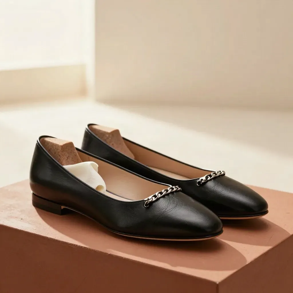 Black leather cape toe flats with shoe trees and tissue on a terracotta plinth