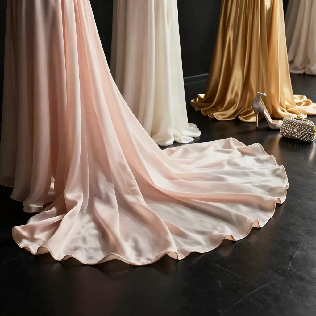 Three dresses, a heel, and a clutch sweep across a glossy black floor in dramatic fashion light.