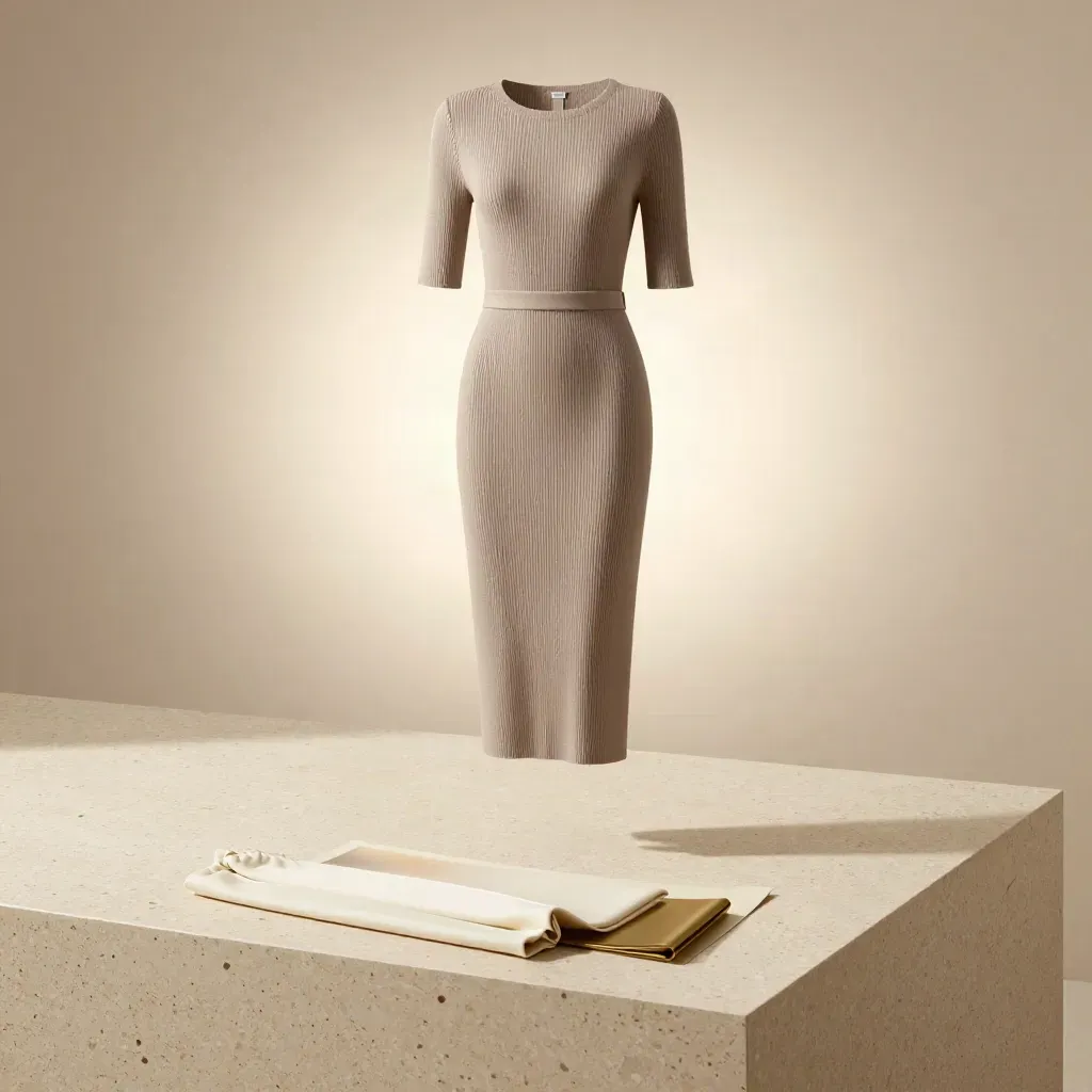 Taupe ribbed knit midi dress on travertine with ivory knit swatch, softly lit hero shot
