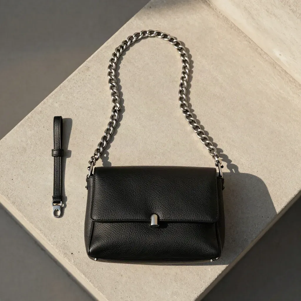 Black pebbled leather chain crossbody bag with coiled chain on a stone slab, overhead flatlay.