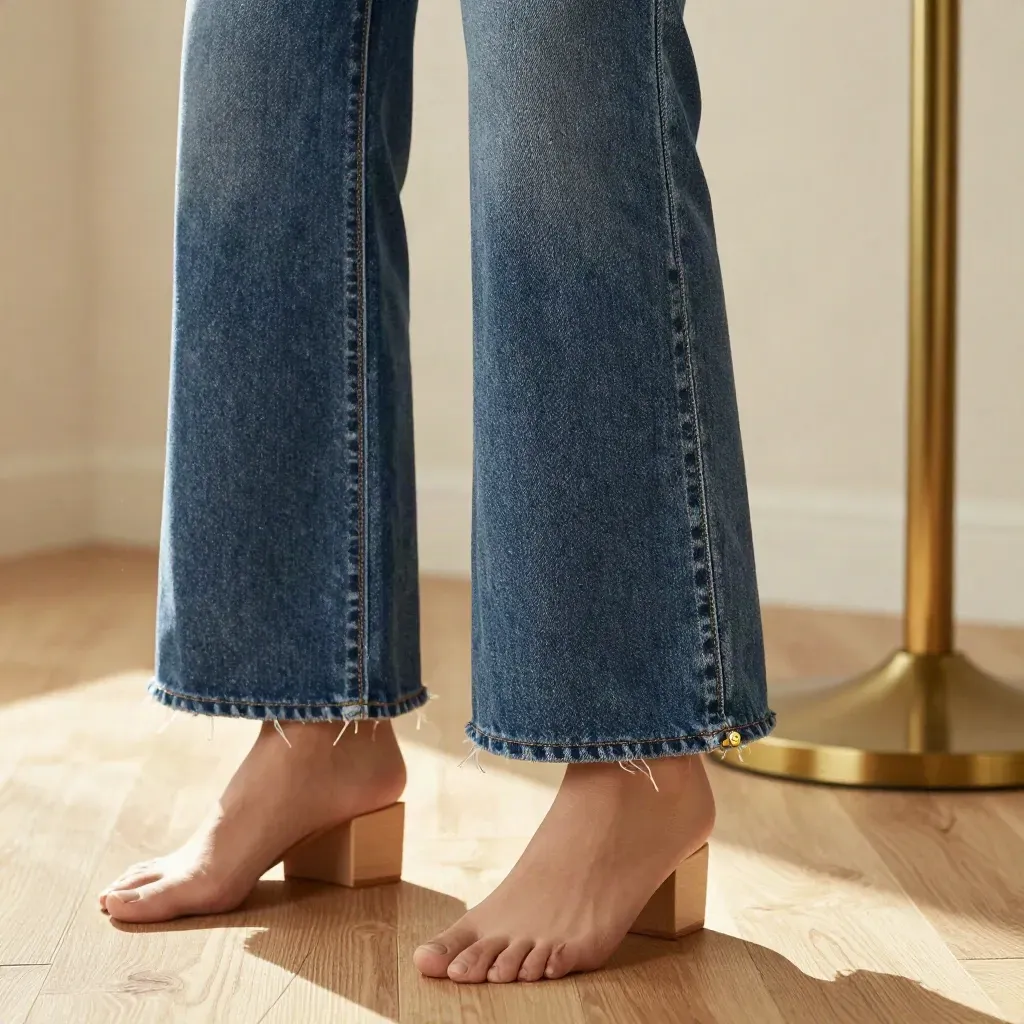 Close-up of faded blue crop jeans draped over a pale wood block, frayed hem and seam texture.