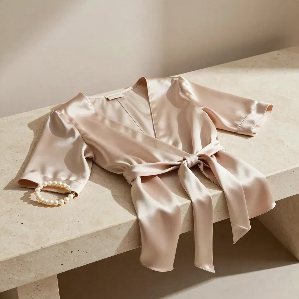 Blush champagne satin wrap top with deep V, tie ends, heel and pearl bangle on stone bench.