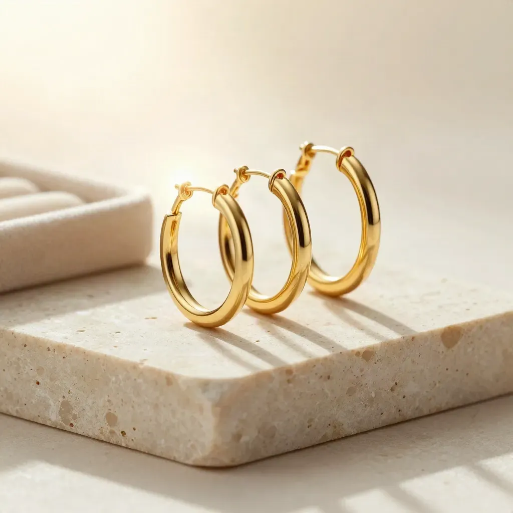 Three gold hoop earrings on travertine with a velvet pad in soft studio light.