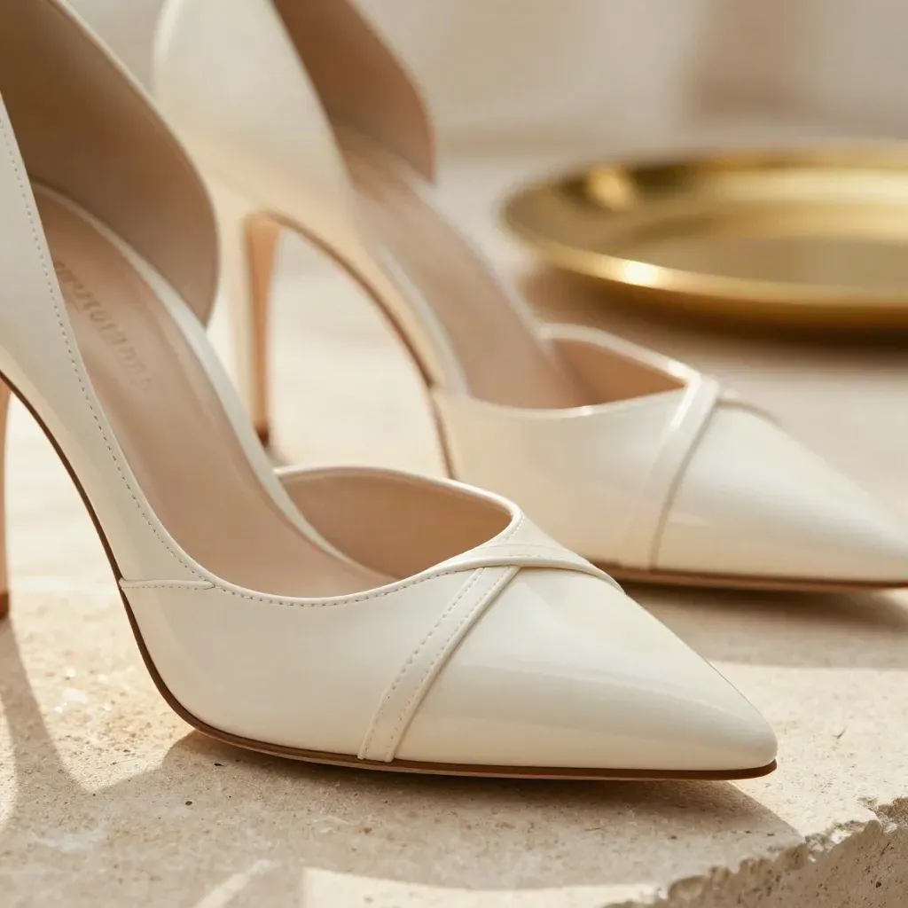 Ivory patent pointed-toe heels on limestone, crossed at the toe with soft glow