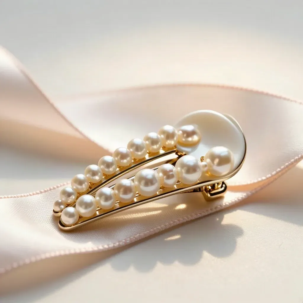 Pearl hair clips with cream beads on ivory satin ribbon, blush pink accent