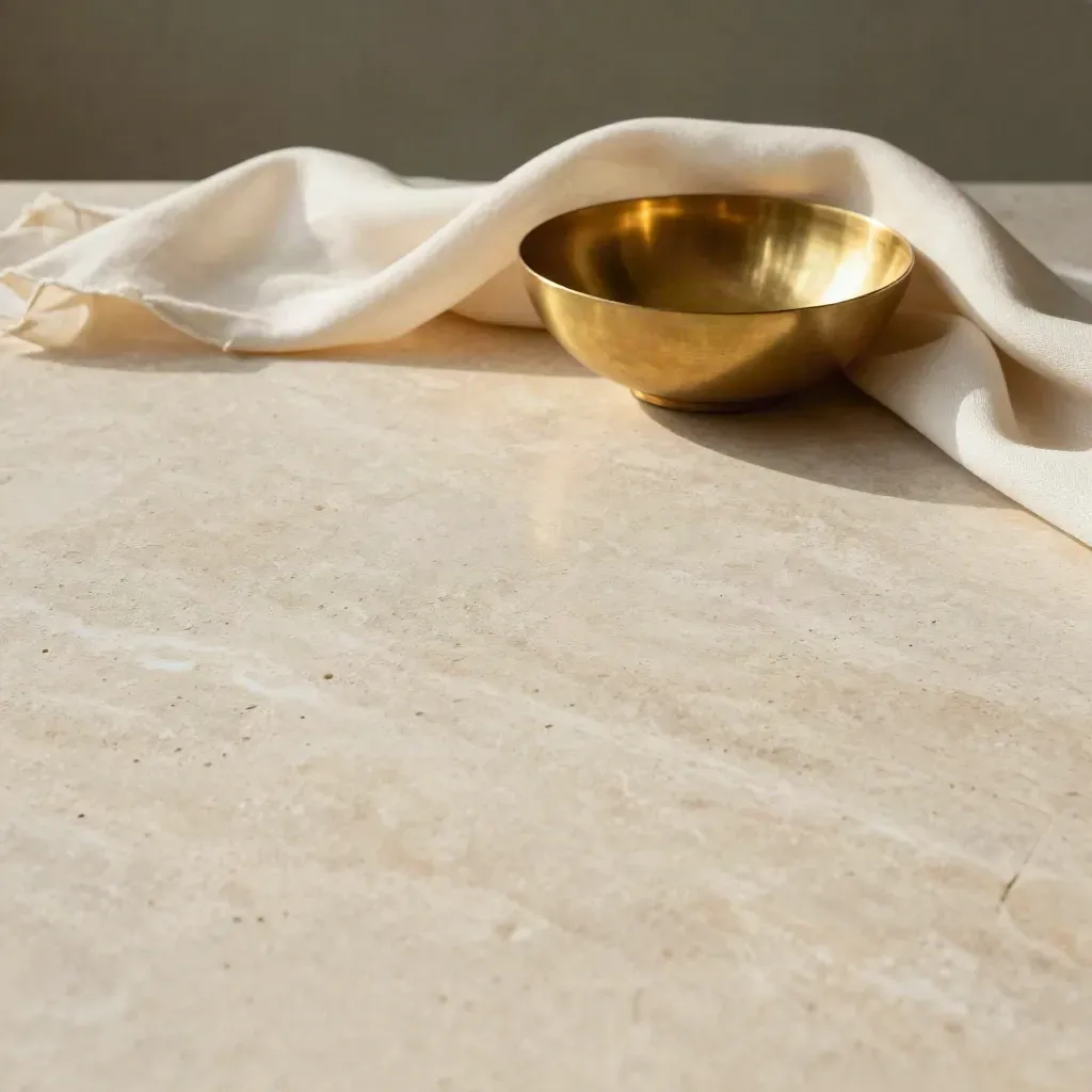 Travertine tabletop with folded silk and a brushed metal bowl in soft morning light.