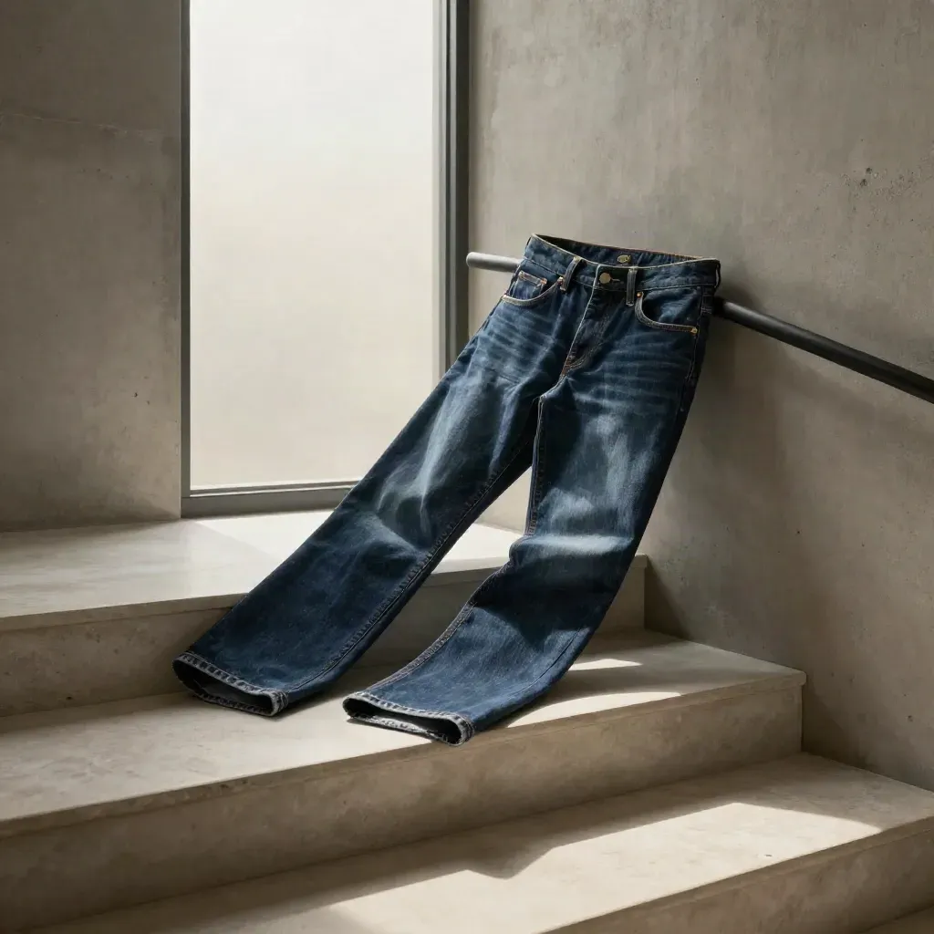 Stone stair landing with folded dark jeans, tall window, slim railing, and soft daylight.