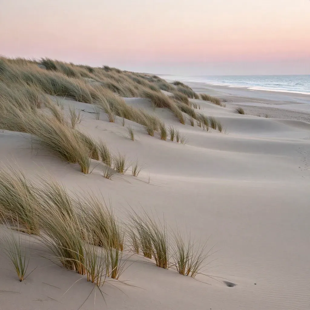 Coastal dune ridge with pale grass, smooth sand, and a hazy silver-blue horizon.
