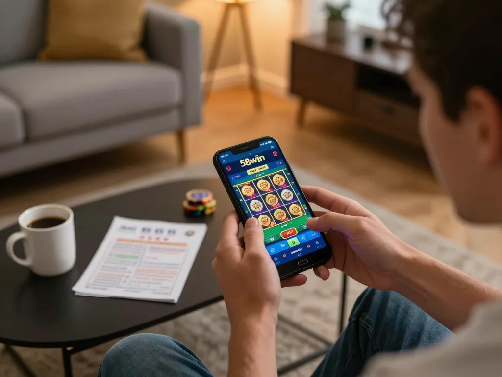 Engaged player using 58wiin mobile app for slot games in a cozy home environment
