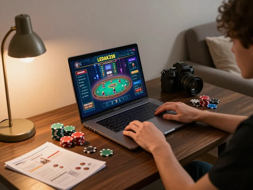 Playing online casino games on LEDAK338, showcasing a strategic gaming setup with chips and notes