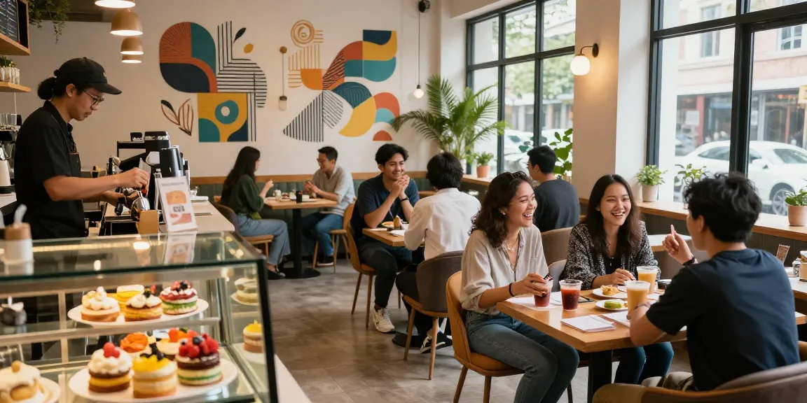 A lively café scene featuring rokok 88 being enjoyed by stylish individuals, barista at work, and warm lighting.