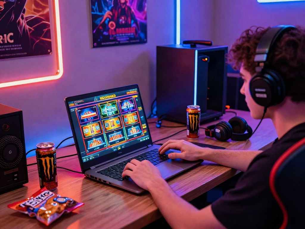 Player immersed in thrilling slot games on a laptop in a dynamic gaming environment.