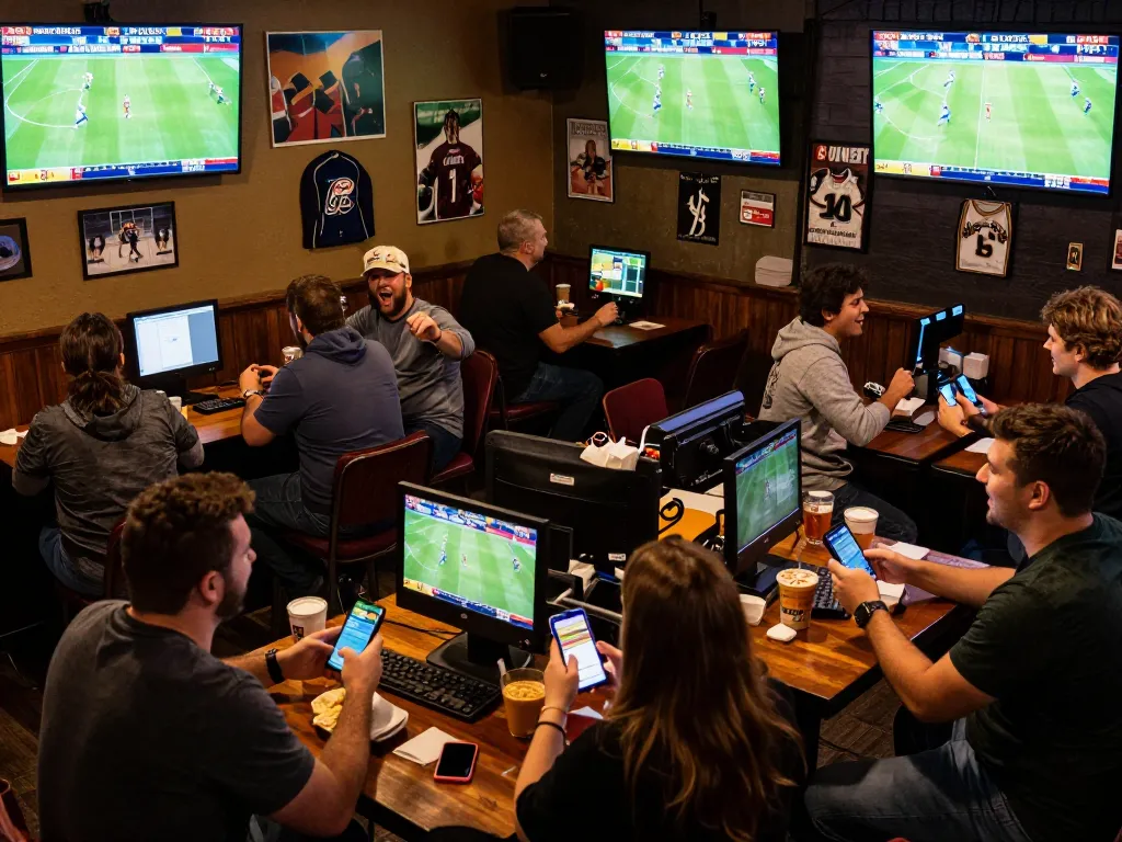 Fans actively engaging in keobongda sports betting at a lively bar, screens showing live games.