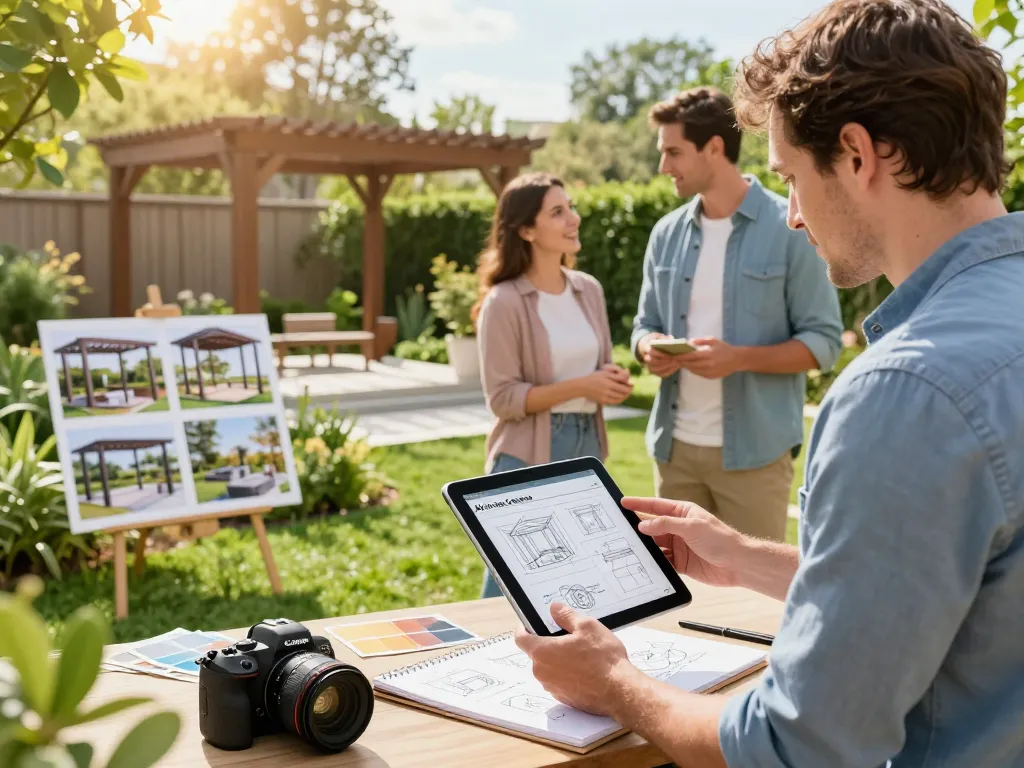 Engaged couple exploring the All-in-One pergola Configurator outdoors with a landscape designer amid a lush garden.