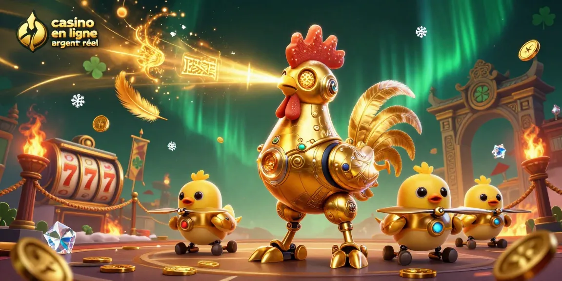 Jouez à un casino en ligne argent réel avec un robot coq doré et des drones, ambiance festive.