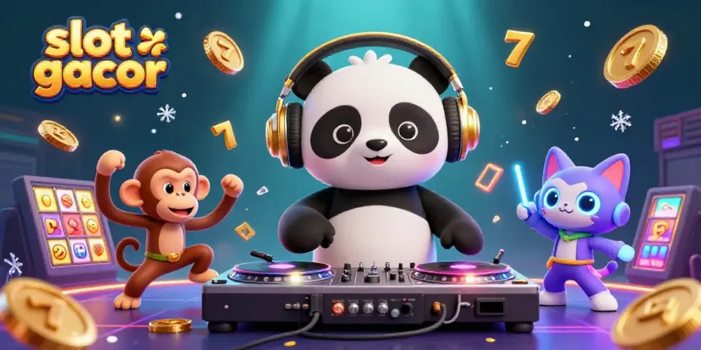 Engaging scene with DJ panda and dancing monkey showcasing slot gacor excitement at a vibrant casino setting.
