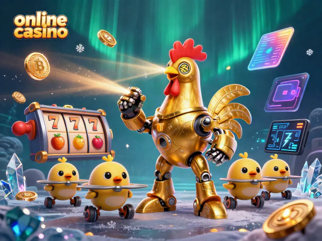 Engage with an exciting online casino scene featuring a dynamic golden rooster robot surrounded by digital elements.