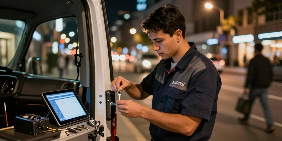 24 hour locksmith near me providing emergency services at night in urban environment, illustrating expertise and reliability.
