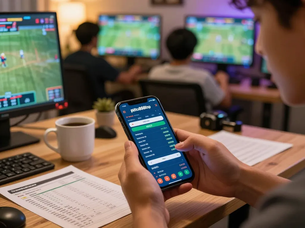 Person engaging with pintu888top betting interface on smartphone while enjoying a home sports betting session.