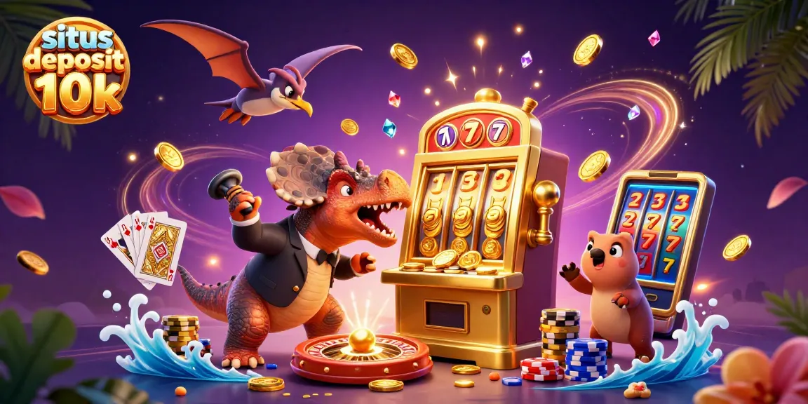 Experience the excitement of situs deposit 10k with a thrilling scene of a pachycephalosaurus winning at a slot machine.