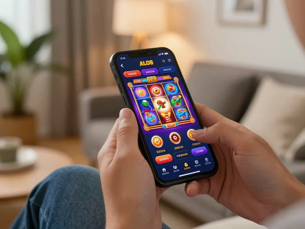 Enjoying ALO8 mobile gaming with smartphone in a cozy home setup