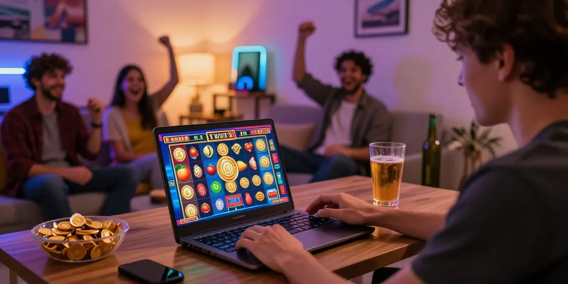 Player engaging with situs depo 5rb slot games online in a thrilling home setting.