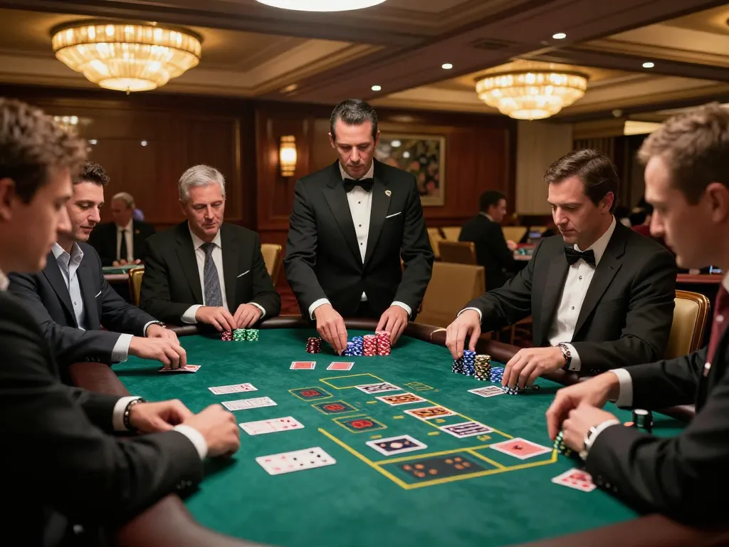 Boca Raton Construction Litigation Lawyer engaging clients on blackjack strategies at a high-stakes casino table.