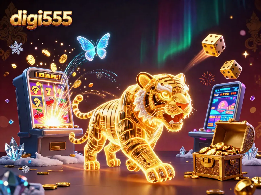 Digi555 showcases a vibrant casino scene with a golden tiger and slot machine, capturing exciting gameplay.