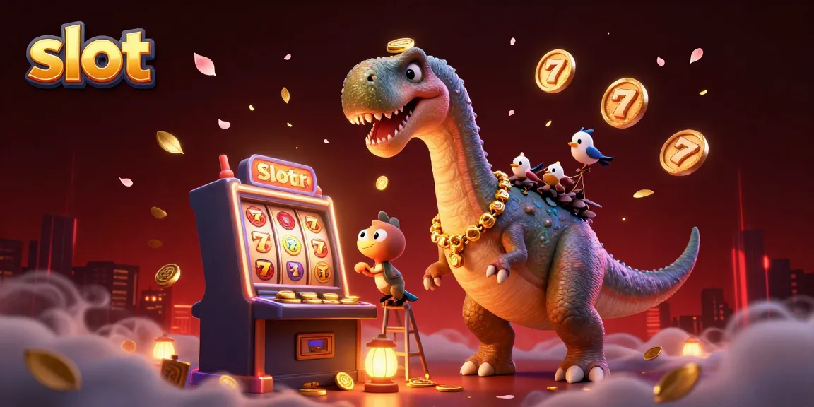 Slot menampilkan pemain bernasib baik dengan brontosaurus dan raptor dalam suasana kasino yang meriah