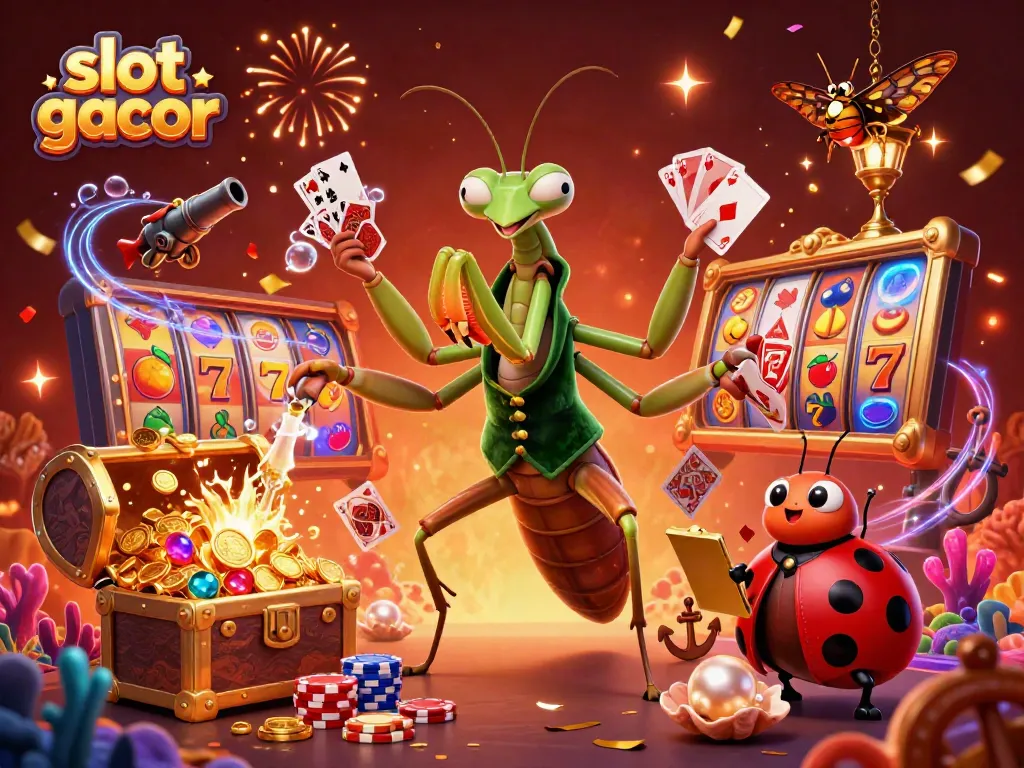 Experience the lively world of slot gacor with a vibrant casino scene featuring animated characters performing exciting gambling activities.