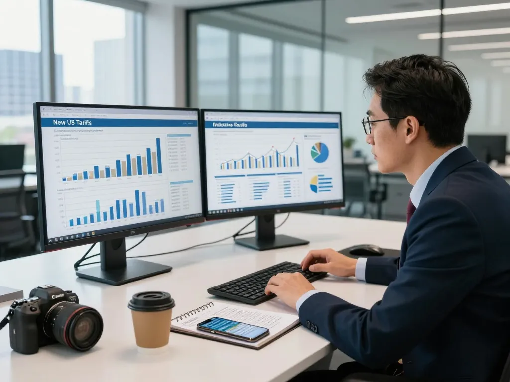 Financial analyst reviewing reports on New US Tariffs with dual monitors, notepad, and coffee in a modern office.