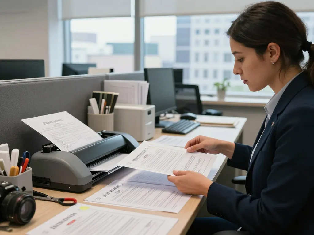 bóc giấy khai sinh ép plastic in a professional office setting, woman organizing documents with a laminator and certificates.