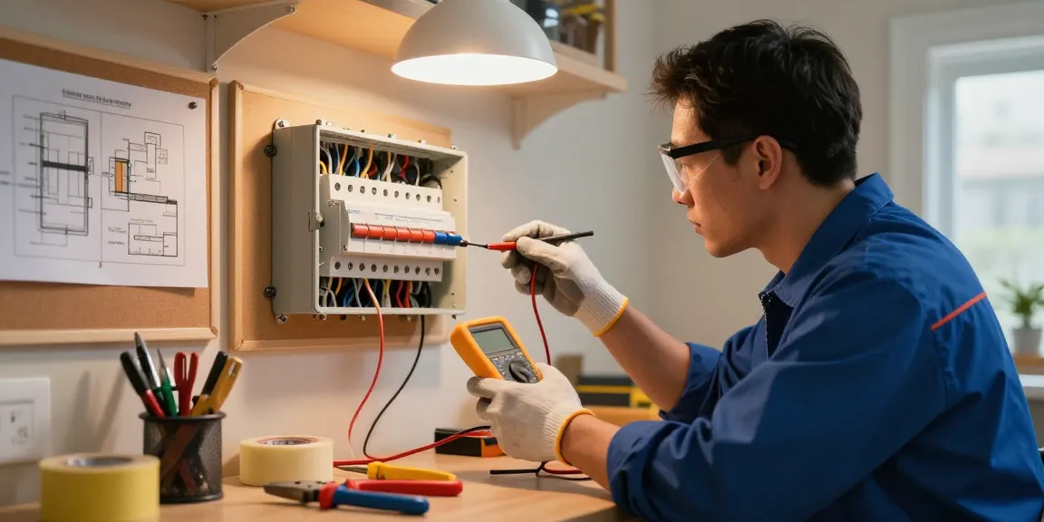 why certification matters when choosing an electrician: Professional electrician inspecting wiring with safety gear in warm, inviting workspace.
