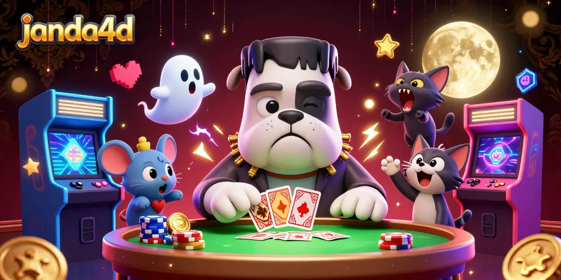Janda4d menghadirkan bulldog Frankenstein yang sedang membagikan kartu di meja kasino dengan nuansa menyeramkan.