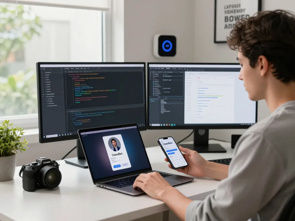 Dynamic workspace showcasing ClawdBot AI assistant interface on laptop and smartphone, enhancing productivity.