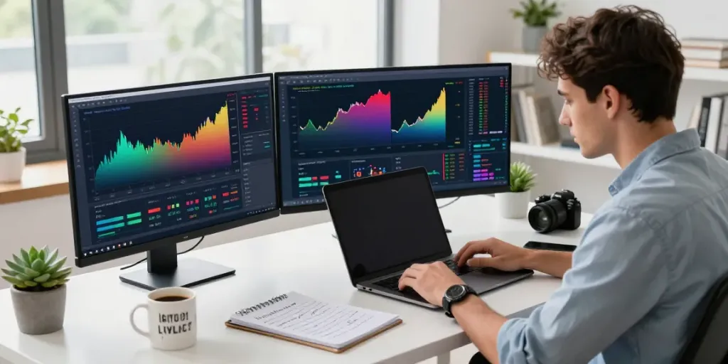 Traders using MetaTrader 5 on multiple screens in a modern home office setup.