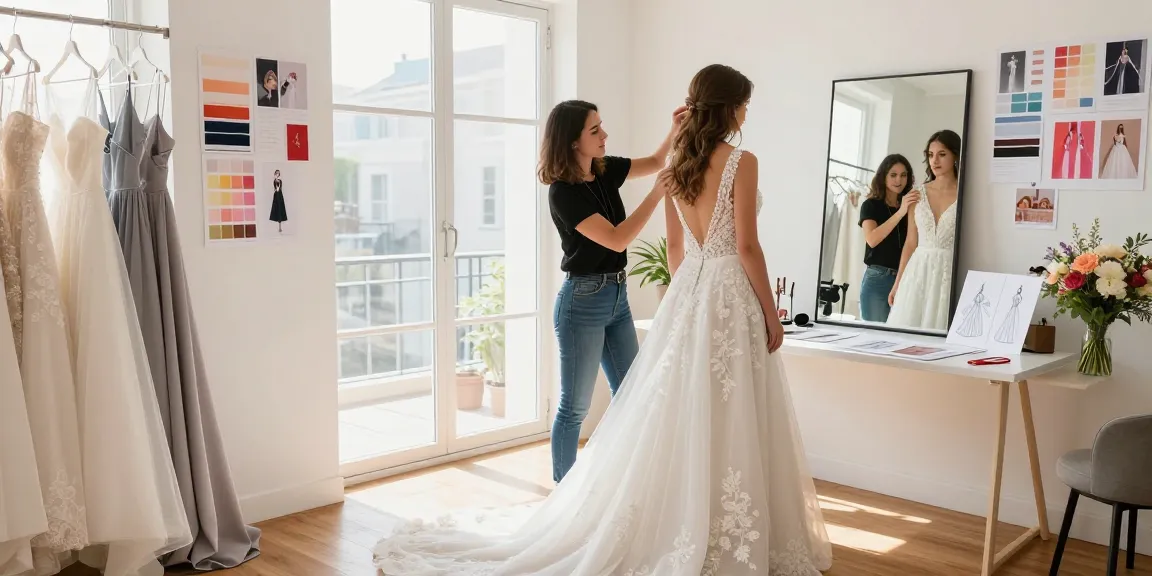 Consulenza di bridal styling con stilista che assiste una sposa nella scelta di abiti e accessori.