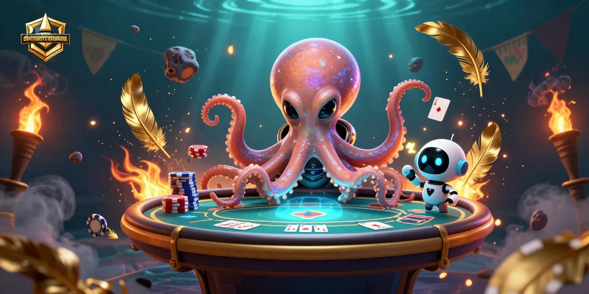 abrirmicorreodegmail showcases a vibrant, dynamic poker scene featuring an alien octopus and robot amid swirling poker chips.