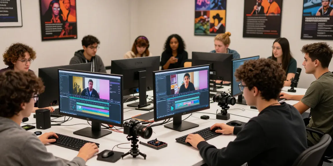 Students engaged in a video processing course online learning about editing and production.