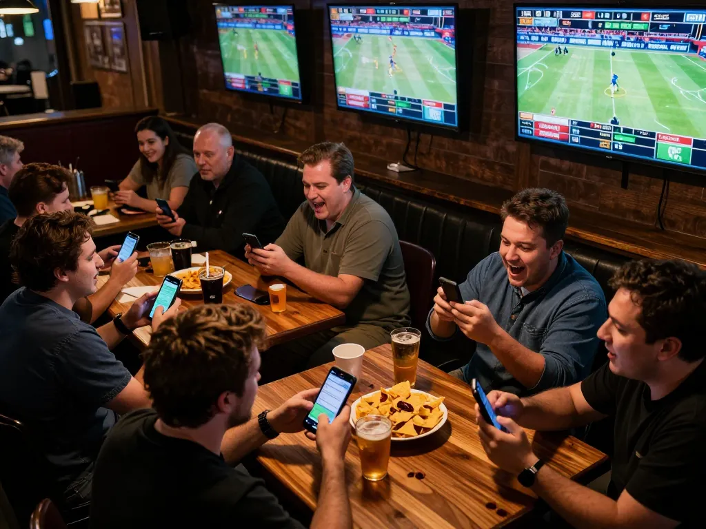 Superjp betting excitement at a lively sports bar with fans placing wagers via apps.