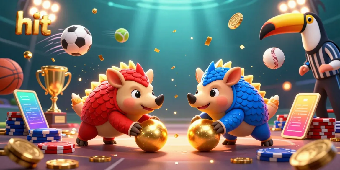 Dynamic scene of rival pangolins in scaled armor rolling for a hit, surrounded by poker chips and sports elements.