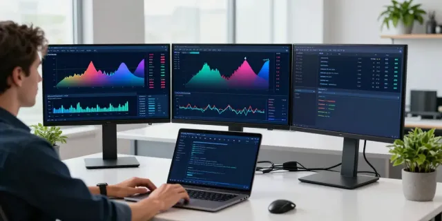 虚拟货币行情API integration in a modern crypto trading office setup showcasing real-time price analysis tools for Bitcoin and Ethereum.
