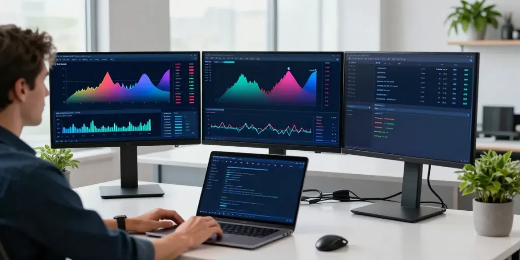 虚拟货币行情API integration in a modern crypto trading office setup showcasing real-time price analysis tools for Bitcoin and Ethereum.