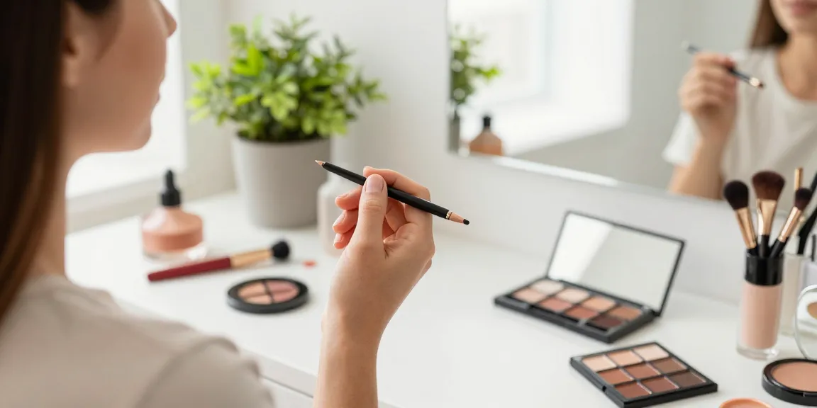 Woman using a cosmetic pencil sharpener for perfect lip liner application in a stylish makeup setup.