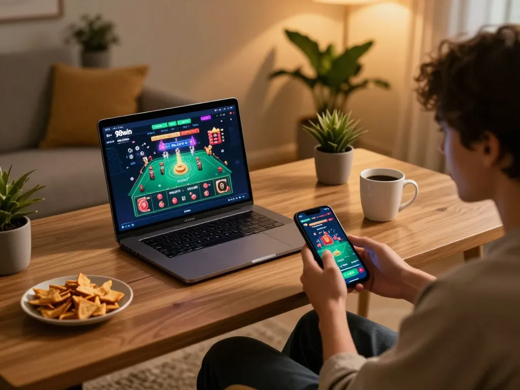 Enjoying online casino gameplay at home with 98win on a laptop.