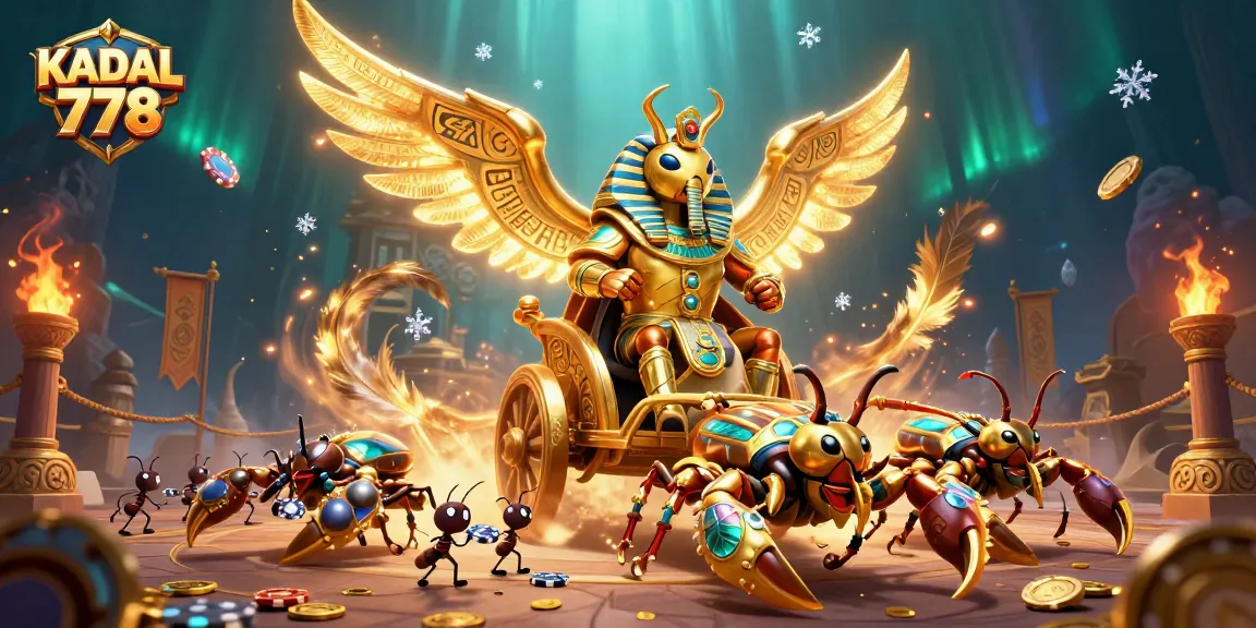 KADAL 778 showcases thrilling casino excitement with 3D art of a golden scarab beetle and scorpions amidst vibrant gambling elements.