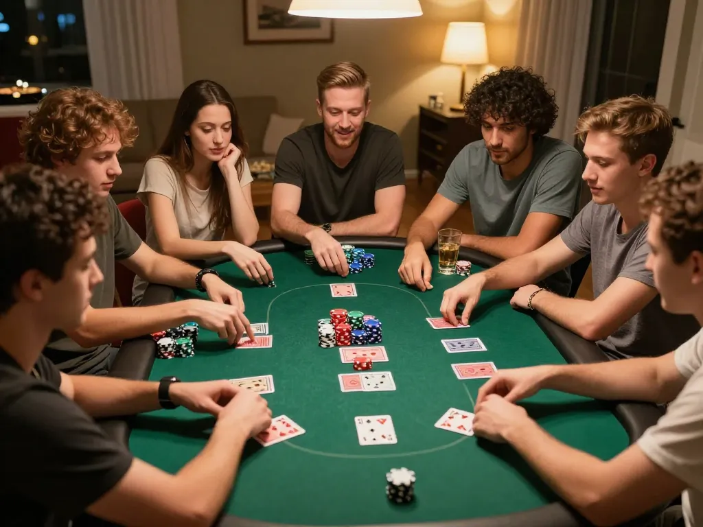 Friends play an exciting poker game at home, showcasing 23win's strategic betting and social interaction.