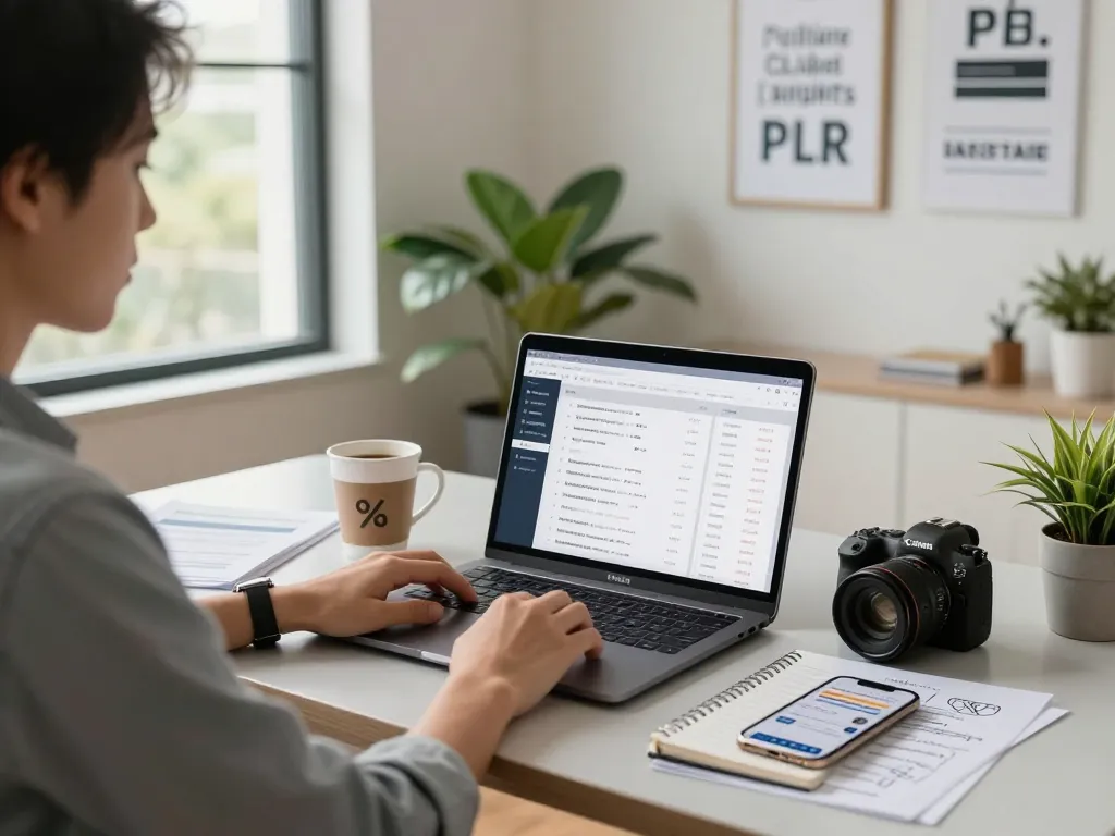 Buy Private Label Rights Products in a modern home office setting with an entrepreneur reviewing product listings and marketing analytics.