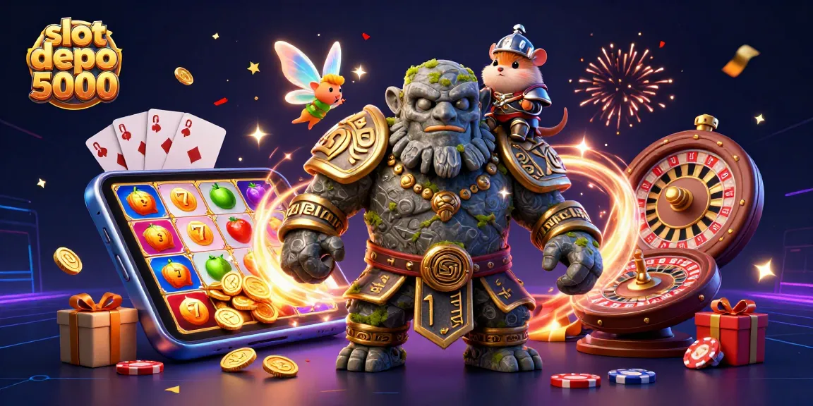 Experience the excitement of slot depo 5000 with a magical scene featuring a golem, fairy, and hamster knight.