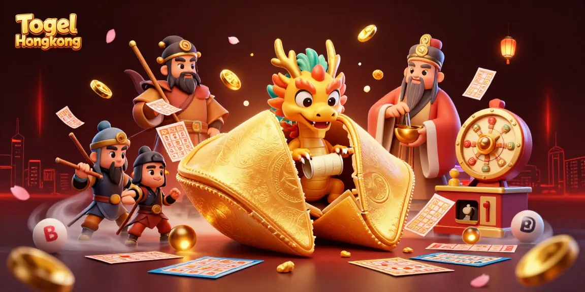 Experience Togel Hongkong excitement with dynamic lottery-themed digital illustration of golden fortune cookie, dragon, and warriors.